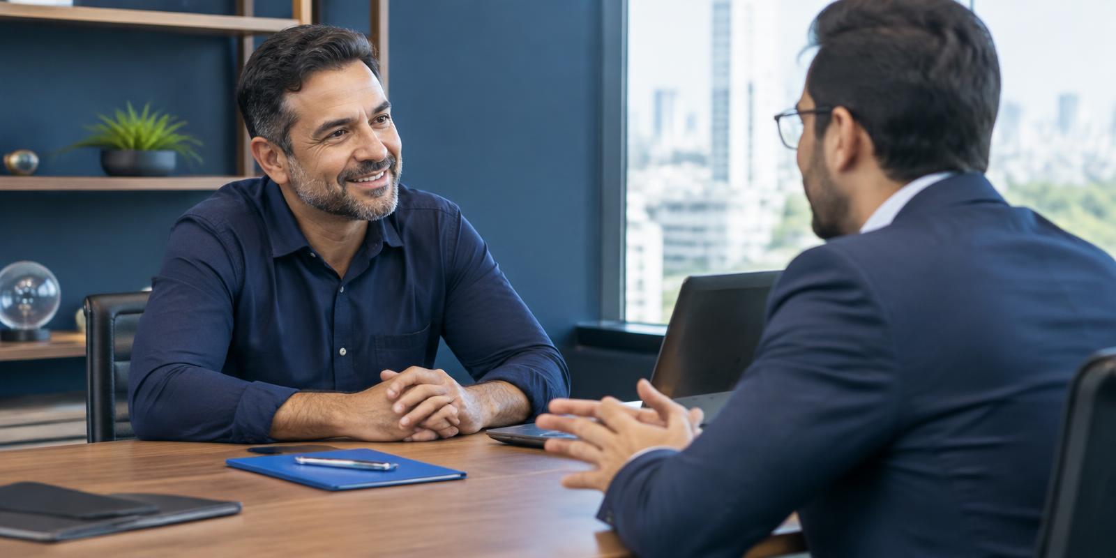 Empresário conversando com consultor financeiro em uma sala de reunião